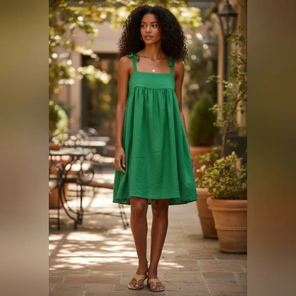 Linen & Life Green Linen Babydoll Mini Dress Size 10 Bow Straps Tropical Luxury - Picture 9 of 9